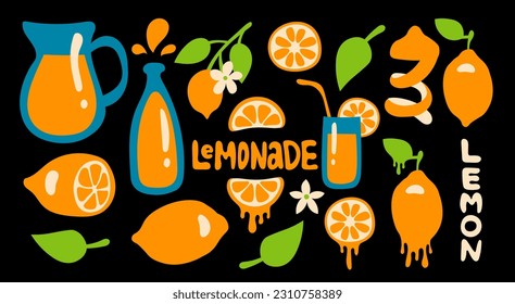 Lemonade modern vector set. Trendy retro style hand drawn collection with melting lemons parts, leaves, flowers, lettering, bottle, glassware. Vector illustration
