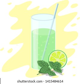 lemonade mojito with lime and mint in a tall glass with a straw