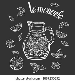 Lemonade mug with ice and a slice of lemon and a straw and mint leaves, lemonade sketch in a glass. Hand drawing of a lemonade Cup, homemade lemonade lettering, isolated vector illustrations.