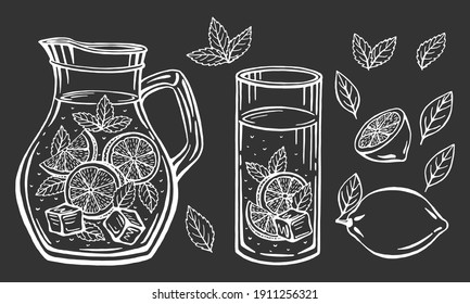 Lemonade Mug With Ice And A Slice Of Lemon And A Straw And Mint Leaves, Lemonade Sketch In A Glass. Hand Drawing Of A Lemonade Cup, Homemade Lemonade Lettering, Isolated Vector Illustrations.