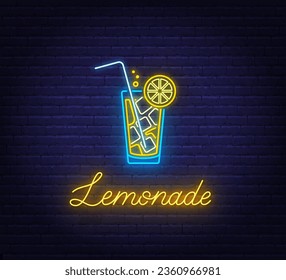 Lemonade neon sign on brick wall background.