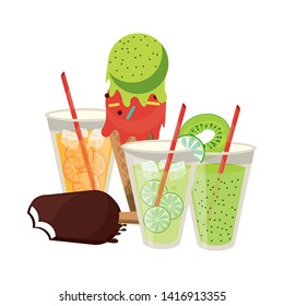 Lemonade and orange cups with ice cream cone and popsicle cartoon vector illustration graphic design