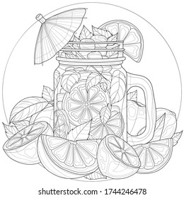 Lemonade con naranjas, limón y menta.Dulces.Antítesis para libros colorantes para niños y adultos. Ilustración aislada sobre fondo blanco. Estilo zenano-margino.