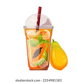 Lemonade with papaya.Summer cold drink, cocktail with papaya slices, mint and ice in a plastic cup.Vector illustration.