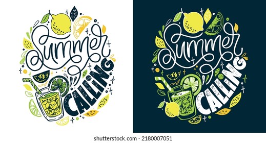 Lemonade pattern background. Summer is calling. Lettering art postcard. 