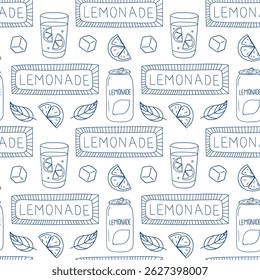 Lemonade pattern with glasses, bottles, and citrus elements for refreshing summer vibes