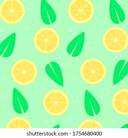 Lemonade pattern with lemon slices, leaves and bubbles on a green background.