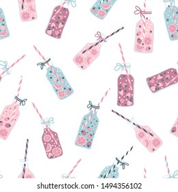Lemonade pattern. Vector seamless pattern in simple hand-drawn Scandinavian style with bottles of summer drink with strawberries, citrus fruits and berries. Limited palette ideal for printing.