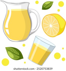 Lemonade pitcher, glass, lemon, and leaves