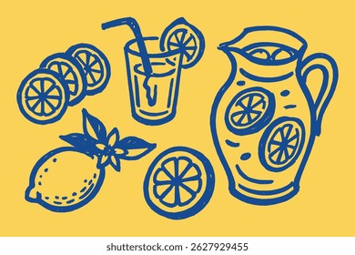 Lemonade pitcher glass and lemons sketch vector icon set