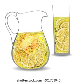 Lemonade in a pitcher and a glass with lemonade mosaic circles