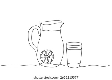 Lemonade pitcher and glass on a simple background in a minimalist style