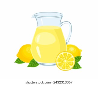 Jarra de limonada aislada sobre fondo blanco. Ilustración vectorial de dibujos animados de bebida cítrica fresca en jarra de vidrio.