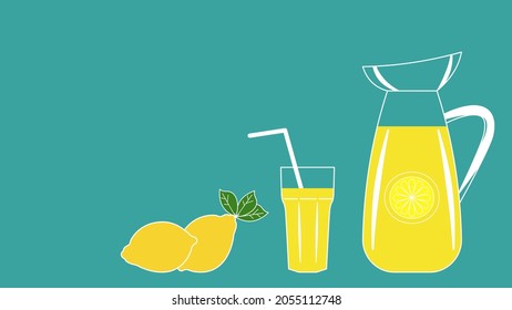 Limonade auf Pitcher und Zitronenfrucht, horizontale Vektorgrafik mit Platz für Text