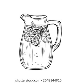 A lemonade pitcher with lemon slices and fresh mint leaves. Elegant black and white vector drawing in vintage engraving style. Perfect for café menus, recipe books, summer drink packaging, and botanic