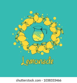 Lemonade in pitcher on blue background, vector illustration