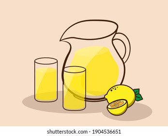 Lemonade pitcher standing behind two glasses of the juice and lemons.