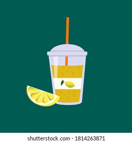 Lemonade in a plastic cup with half a slice of lemon. Vector illustration on a colored background.