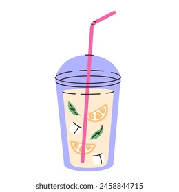 Lemonade in plastic cup with pink straw. Ice lemon soda  and mint on white background . y2k element