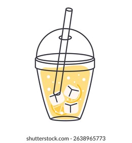 Lemonade in plastic cup with straw, ice cubes, vector icon. Iced citrus beverage with lemon slices. Cool cocktail, healthy natural juice, cold water citrus