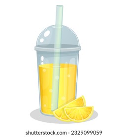 Lemonade en una taza de plástico, bebida de verano, jugo fresco, smoothie, cóctel de frutas, estilo de dibujos animados, realismo