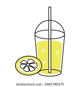 Lemonade plastic glass icon. Vector plastic cup cocktail flat illustration with summer beverage and lemon for menu, poster, card, summer, ecological designs.