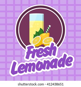Lemonade poster with cut lemons, leaves, glass and drinking stick