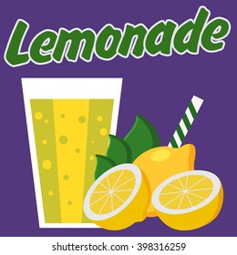 Lemonade poster with purple background with cut lemons, leaves, glass and drinking stick