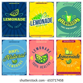 Lemonade posters or flyers set, vector illustration. Collection of cards with lemons, jug, glass with straw. Layout template  in A4 size.