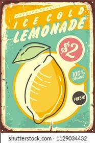 Lemonade promotional retro poster design with fresh and juicy lemon fruit. Vintage tin sign for ice cold lemonade. Vector illustration.