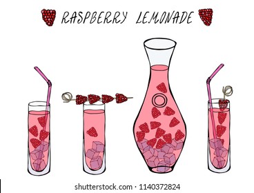 Lemonade with Raspberry in Decanter and Tall Glass, Ice, Straw, Berries on a Skewer. Summer Bar Coctail Collection. Realistic Hand Drawn High Quality Vector Illustration. Doodle Style.