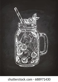 Lemonade with raspberry in mason jar. Chalk sketch on blackboard background. Hand drawn vector illustration. Retro style.