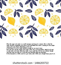 Lemonade recipe. Summer card of hand drawn citrus fresh fruits. Creative healthy beverage sketch art. Bright shapes of lemons and leaves.