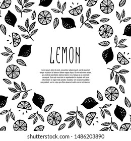 Lemonade recipe. Summer card of hand drawn citrus fresh fruits. Creative healthy beverage sketch art. Black shapes of lemons and leaves. Lemon template