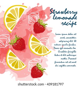 Lemonade recipe watercolor splash background with lemon slice, strawberry, mint and ice
