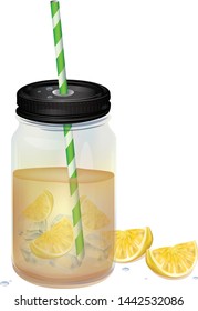 Lemonade. Refreshing drink with lemon and ice cubes in a jar with a lid and a tube. A cool drink in the summer heat.