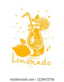 Lemonade refreshing sweet sour drink. Ripe lemon fruit, glass and drinking straw. Yellow graphic template for design. 
