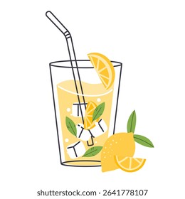 Lemonade refreshment drink, lemon soda in glass with straw and mint, vector icon. Iced citrus beverage with lemon slices, ice cubes. Cool cocktail, healthy natural juice, water citrus