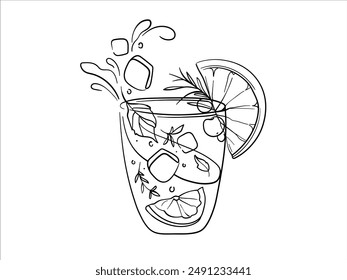 Lemonade with rosemary. Summer cocktail with ice and orange continuous line art isolated on white background. Vector illustration