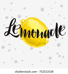 Lemonade Rough Traced  Custom Artistic Handwritten Brush Calligraphy Design With A Lemon Illustration On A White Background. Vector Graphic.