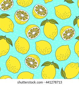 Lemonade seamless colorful background, hand drawn lemons, vector illustration