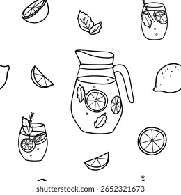 Lemonade seamless graphic pattern in minimalistic style. Hand drawn Black and white Doodle illustration of Lemonade Jug and Glasses, Lemon slices and mint. For paper, menu, fabric prints.