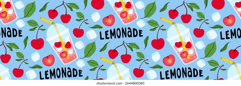 Lemonade seamless pattern with Fresh cherries on blue background. Bright summer background for cafe menus. Take away summer drink. Berries, leaves, ice cubes. Food and drink. Vector flat illustration.