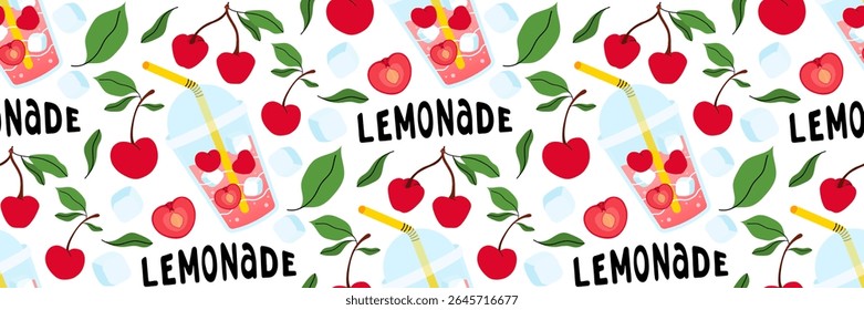 Lemonade seamless pattern with Fresh cherries on white background. Bright summer background for cafe menus. Take away summer drink. Berries, leaves, ice cubes. Food and drink. Vector flat illustration