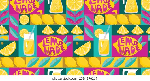 Lemonade seamless pattern with geometric shapes. Mosaic background with lemon fruits, leaves, glass with drink, hand written. Modern print on fabric and paper. Vector design for textile, wallpaper.