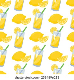 Lemonade seamless pattern with glasses of drink and lemon fruits. Yellow objects on white background. Fresh juice and whole and cut pieces of citrus. Vector design for textile, wallpaper, cover.