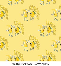 Lemonade seamless pattern with groovy characters. Funny fruit lemon and glass of drink happily met. Yellow, green, blue colors. Cartoon print on fabric and paper. Vector design for textile, wallpaper.