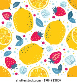 Lemonade seamless pattern: lemons, slices, ice cubes, mint, strawberries with soda bubbles. Vector, white background.