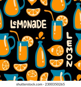 Lemonade Seamless Pattern. Modern minimal food and drink endless background with lemon elements jug, glass and bottle. Vector illustration