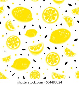 Lemonade seamless pattern with yellow lemons and black leaves on white background. Whole and parts, slice. 